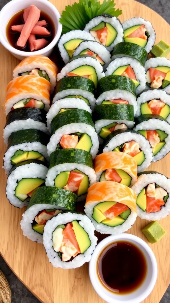A platter of assorted sushi rolls with avocado, cucumber, and crab, served with soy sauce and pickled ginger.